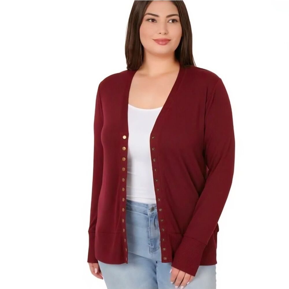 Zenana Outfitters Dark Burgundy Snap Button Ribbed Cardigan Size 3X